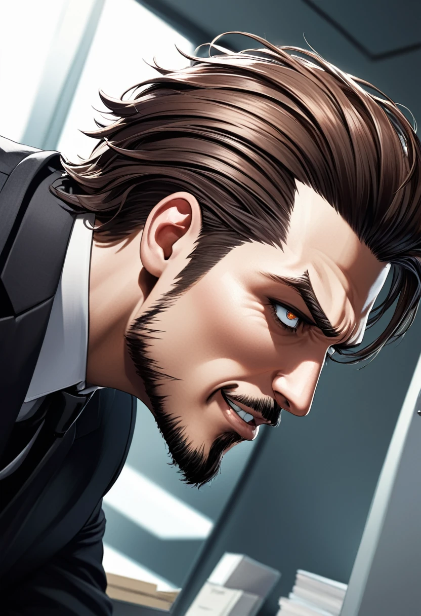 detailed illustration (side view),dynamic angle, ultra-detailed, detailed eyes, detailed face, 1boy, dark brown hair, sharp hair, crisp hair, goatee, dark eyes, smirk, malevolent, suit coat, office room, close up, profile, arrogant, cocky, cruel