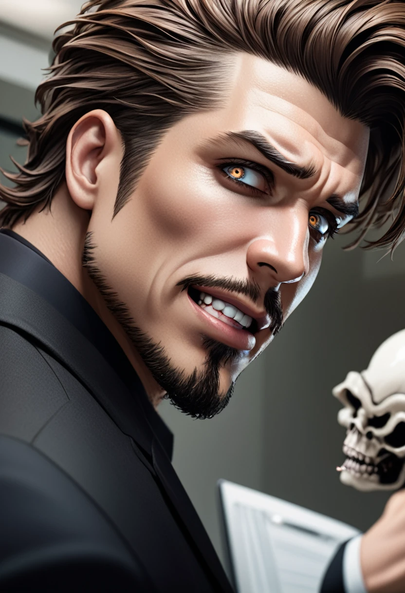 detailed illustration (side view),dynamic angle, ultra-detailed, detailed eyes, detailed face, 1boy, dark brown hair, sharp hair, crisp hair, goatee, dark eyes, smirk, malevolent, suit coat, office room, close up, profile, arrogant, cocky, cruel