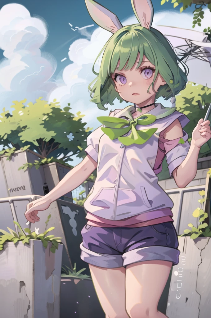 She has short green hair with her hair half up and purple eyes, green bunny ears, and wears a school fringe.
