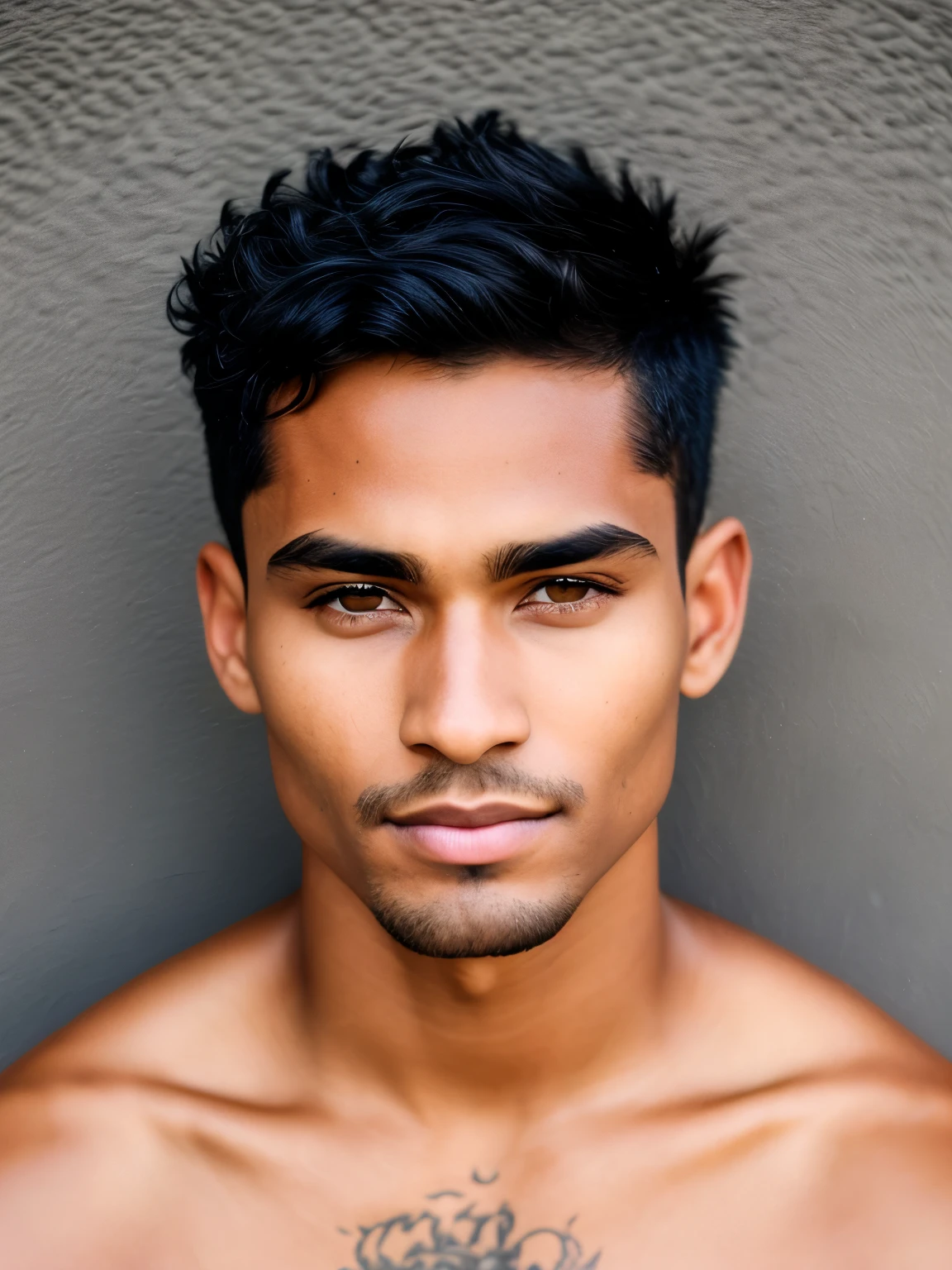 full frame, fermer le portrait, mignon, male model, defined as Pacific Island male, dark edged skin, short and shaved black hair, Brown eyes, (Texture de la peau), pores on skin, shallow depth of field, mise au point nette des yeux, backlit