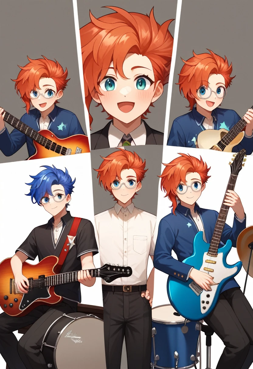 (Beautiful illustrations:1.4),(masterpiece:1.0), (Highest quality:1.4), (Ultra-high resolution:1.2), (Realistic:1.4),(18-year-old:1.3), 3 piece rock band, high school student, men and women, guitar, base, drum, Dynamic and energetic live performance, Fender Stratocaster (Sunburst) , bright, smile, Genuine, Genuineistic