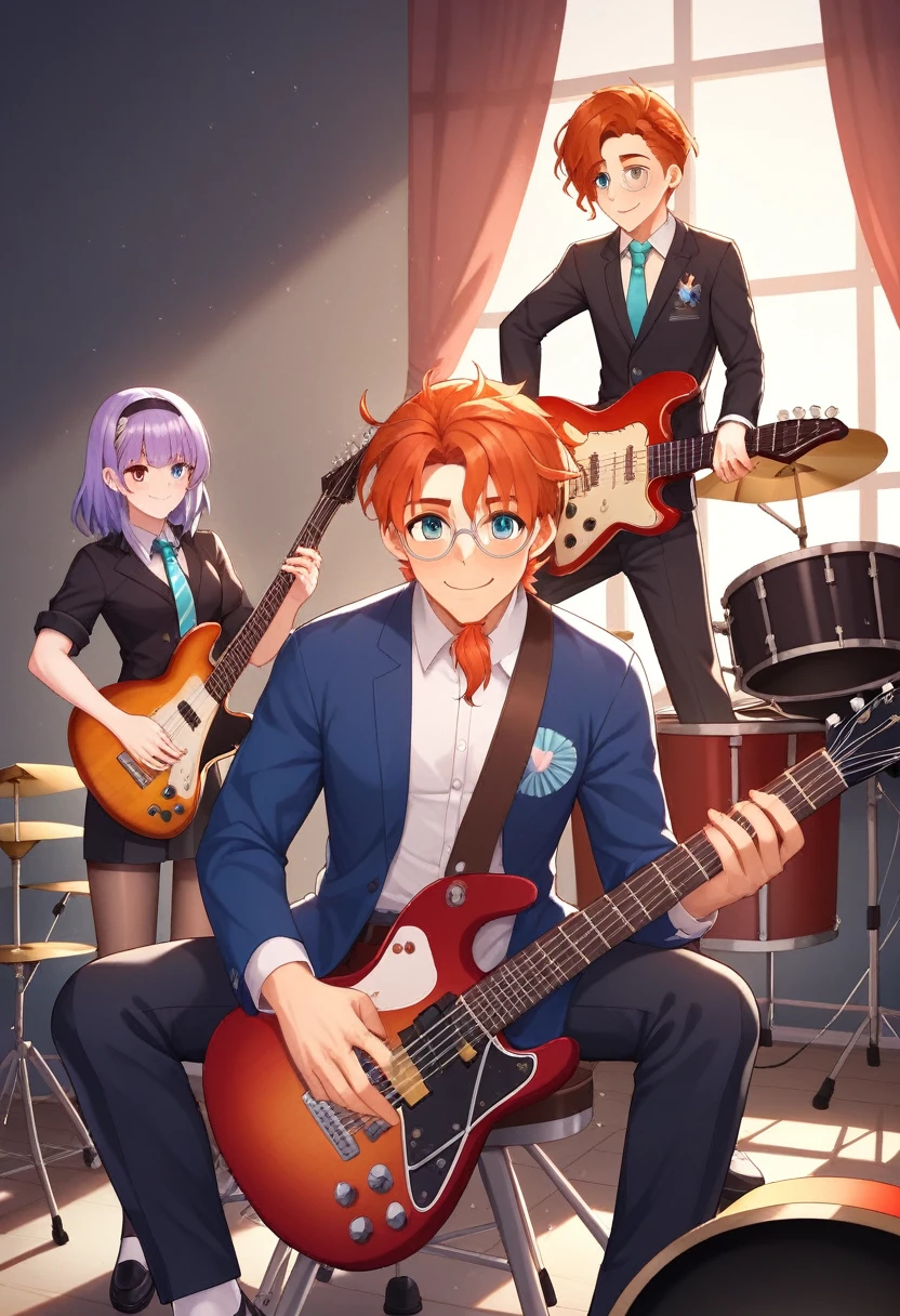 （Beautiful illustrations：1.4），（masterpiece：1.0）， （Highest quality：1.4）， （Ultra-high resolution：1.2）， （Realistic：1.4），（18-year-old：1.3）, 3 piece rock band, high school student, men and women, guitar, base, drum, Dynamic and energetic live performance, Fender Stratocaster (Sunburst) , bright, smile, Genuine, Genuineistic