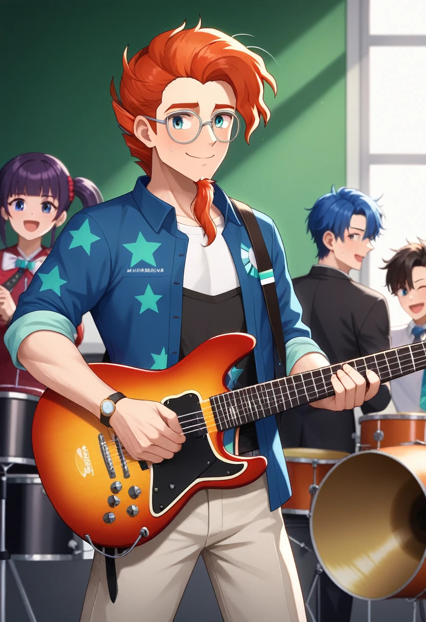（Beautiful illustrations：1.4），（masterpiece：1.0）， （Highest quality：1.4）， （Ultra-high resolution：1.2）， （Realistic：1.4），（18-year-old：1.3）, 3 piece rock band, high school student, men and women, guitar, base, drum, Dynamic and energetic live performance, Fender Stratocaster (Sunburst) , bright, smile, Genuine, Genuineistic