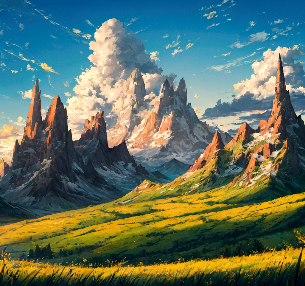 A colorful fantasy beautiful day grass sky with towering mountains in the distance,lush forests, An expansive open field below under blue cloudy skies
