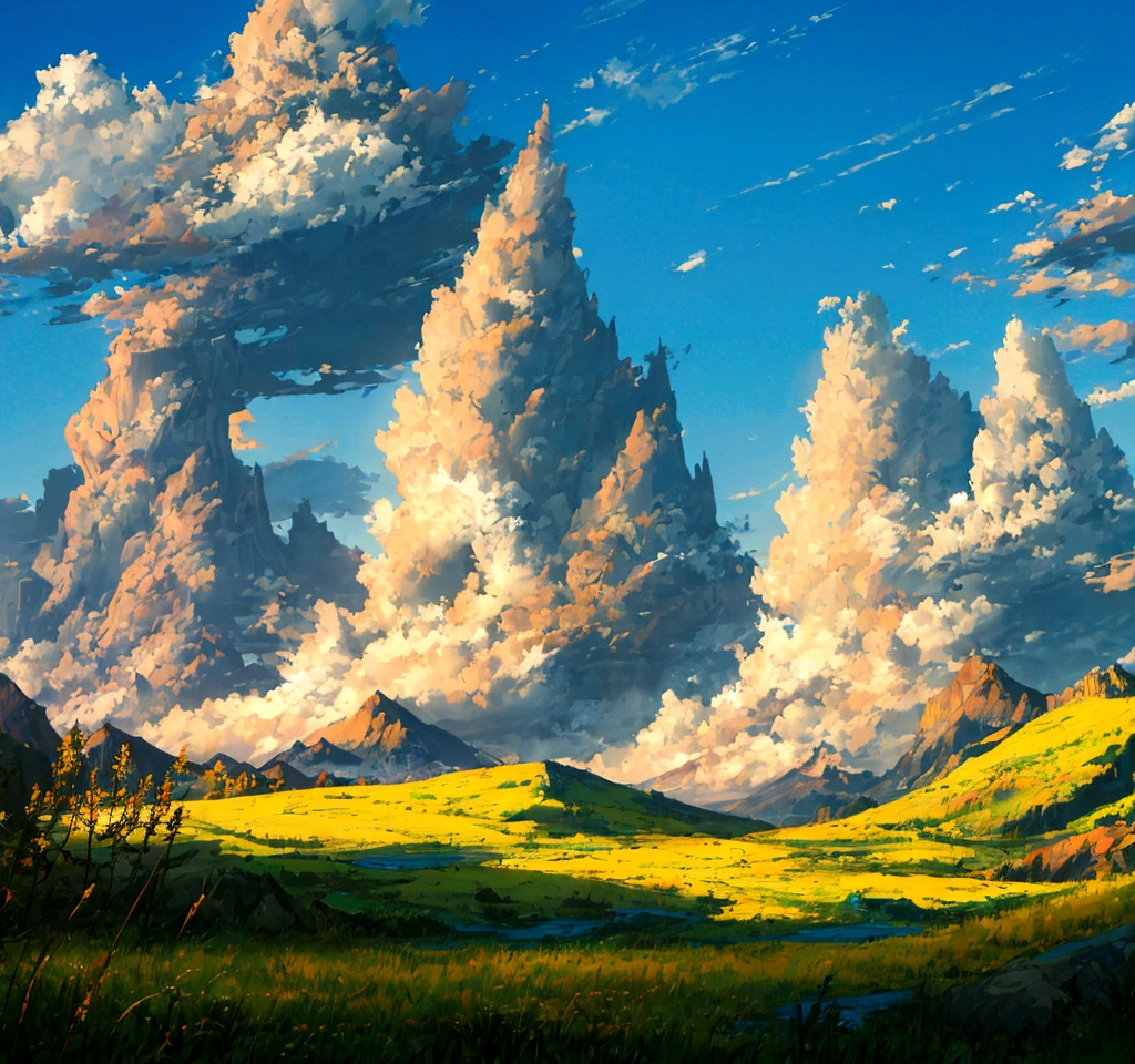 A colorful fantasy beautiful day grass sky with towering mountains in the distance,lush forests, An expansive open field below under blue cloudy skies