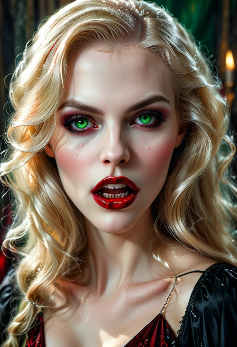 ((a photorealistic portrait of an exquisite, glamour female vampire: 1.5)) , pale face, blond hair, long vibrant shiny hair, glamorous hair, emerald green eyes, deep penetrating eyes, red lips, lustful lips, ((two vampiric fangs: 1.5), drops of blood dripping from the mouth, ((1920's style: 1.5)), (highest quality:1.2, Very detailed, up to date, Vibrant, Ultra-high resolution, High Contrast, masterpiece:1.2, highest quality, Best aesthetics), best details, best quality, highres, ultra wide angle, 16k, [ultra detailed], masterpiece, best quality, (extremely detailed), Genetically modified..., Cinematic Hollywood Film, traditional watercolor painting