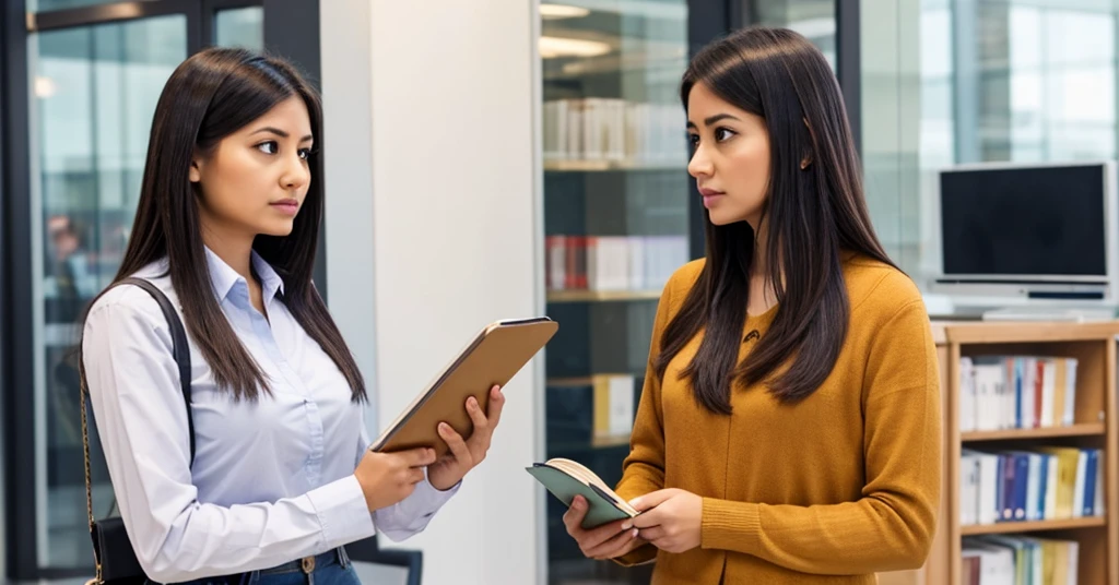 An ordinary girl standing in front of a company manager who is angry with her, holding books in her hand 