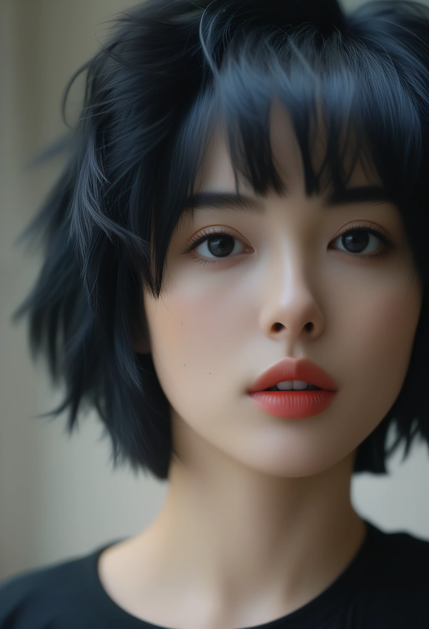 cinematic still, bellissima 1girl, solo, looking at viewer, short hair, bangs, shirt, black hair, parted lips, teeth, blurry, black eyes, lips, black shirt, eyelashes, messy hair, portrait, realistic . emotional, harmonious, vignette, 4k epic detailed, shot on kodak, 35mm photo, sharp focus, high budget, cinemascope, moody, epic, gorgeous, film grain, grainy, (masterpiece), (best quality), (ultra-detailed)