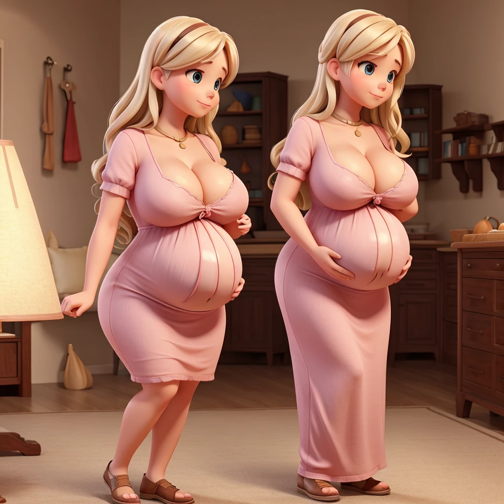 Pregnant woman with very large breasts and a very daring neckline