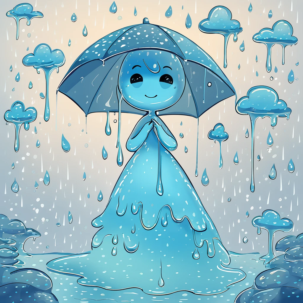 Aar slime girl with rain-blue skin and dripping with water droplets she takes risks and contains all the annual rainfall in her form background is rainy day in whimsical art style