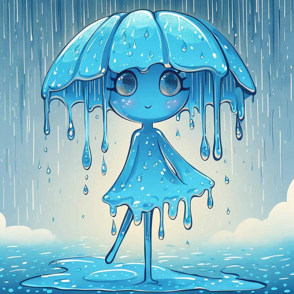 Aar slime girl with rain-blue skin and dripping with water droplets she takes risks and contains all the annual rainfall in her form background is rainy day in whimsical art style
