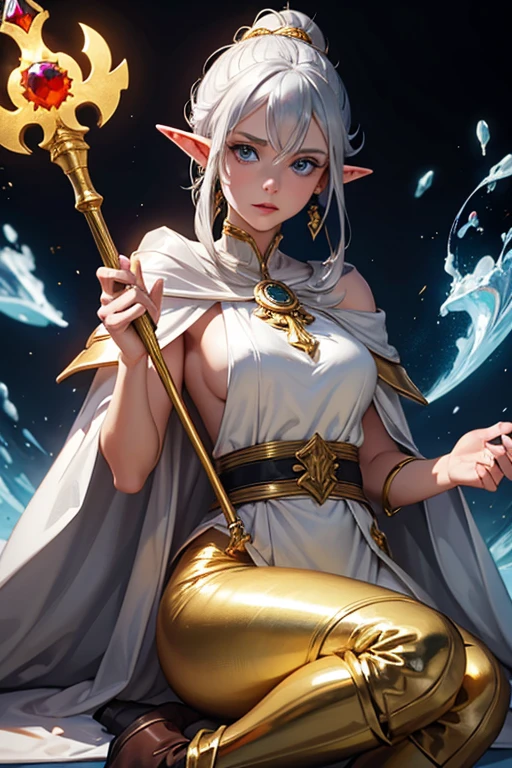 Make the Frieren, an elf mage, silver hair and blue eyes, she wears a white toga with gold bars, on the shoulders there is a kind of cape in the colors of the toga, make her wear black pants, and brown leather boots, She ties her hair on both sides of her head, and has red earrings, frieren has a golden scepter with red jewels at the tip and is a 1 year old elf.,50m