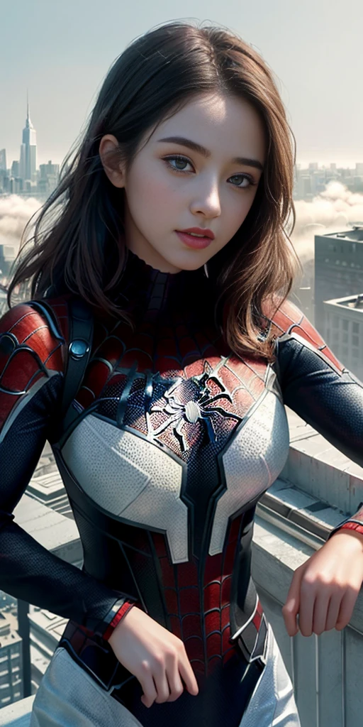 (1girl:1.3), Solo, (((Very detailed face)))), ((Very detailed eyes and face)))), Beautiful detail eyes, Body parts__, Official art, Unified 8k wallpaper, Super detailed, beautiful and beautiful, beautiful, masterpiece, best quality, original, masterpiece, super fine photo, best quality, super high resolution, realistic realism, sunlight, full body portrait, amazing beauty, dynamic pose, delicate face, vibrant eyes, (from the front), She wears Spider-Man suit, red and black color scheme, spider, very detailed city roof background, rooftop, overlooking the city, detailed face, detailed complex busy background, messy, gorgeous, milky white, highly detailed skin, realistic skin details, visible pores, clear focus, volumetric fog, 8k uhd, DSLR, high quality, film grain, fair skin, photo realism, lomography, futuristic dystopian megalopolis, translucent