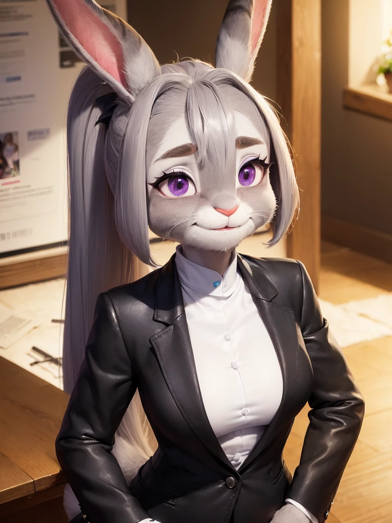 best quality,
masterpiece,
hyper Realistic,
ultra-detailed,
beautiful detailed,
4K,8K,High level,
PIXAR,
Photo real,
Portrait,
Looking at the audience,
background is an office,
Realistic lighting,
((anthropomorphic rabbit)),
detailed animals,
Complex patterns,
(furry:1.5),
(Whole skin is gray:1.4),
(body is fluffy and bushy:1.3),
((human hands)),
(Face is JudyHopps:1.35),
{((long straight hair)), ((ponytail hair))},
wispy bangs, bangs,
purple eyes,
highlight on eyes,
crisp eyes,
sparkle in the eyes,
(rised eyebrows:1.2),
(Crescent Brows:1.3),
(rabbit ears:1.1),
Smile,
Big Smile,
Innocent smile,
raised corners of mouth,
office lady is wearing suit,
((White blouse)) BREAK ((Black blazer)) BREAK ((Black pants)),
clothes made of wool,
((She is blushing in the cheeks)),
((Looks excited)),
(solo:1.5),
(1 lady:1.5),
one character only
alone,
Perfect Anatomy,
highlight,
sunlight,
daylight,