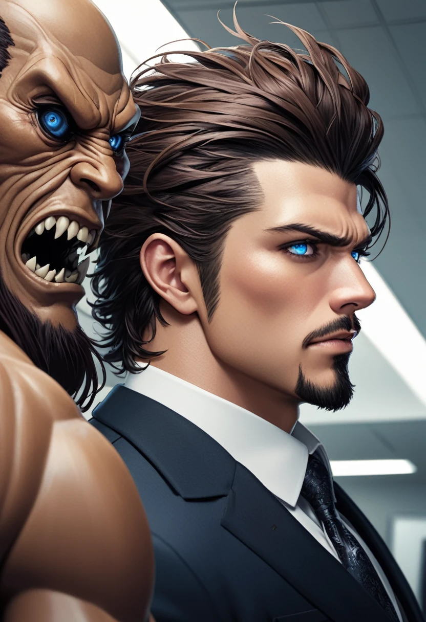 detailed illustration (side view),dynamic angle, ultra-detailed, detailed eyes, detailed face, 1boy, dark brown hair, sharp hair, crisp hair, goatee, dark eyes, smirk, malevolent, suit coat, office room, close up, profile, arrogant, cocky, cruel, blue eyes, dark blue eyes, detailed eyes, highly detailed eyes,