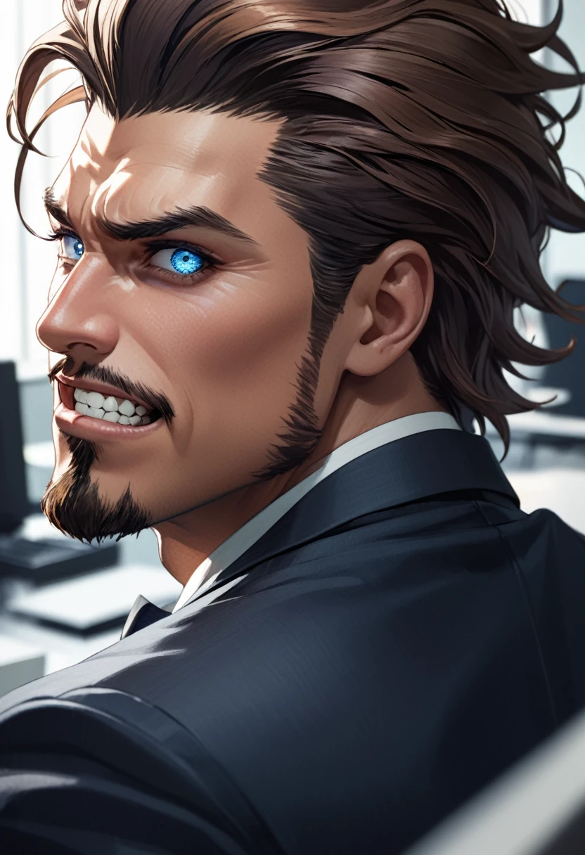 detailed illustration (side view),dynamic angle, ultra-detailed, detailed eyes, detailed face, 1boy, dark brown hair, sharp hair, crisp hair, goatee, dark eyes, smirk, malevolent, suit coat, office room, close up, profile, arrogant, cocky, cruel, blue eyes, dark blue eyes, detailed eyes, highly detailed eyes,