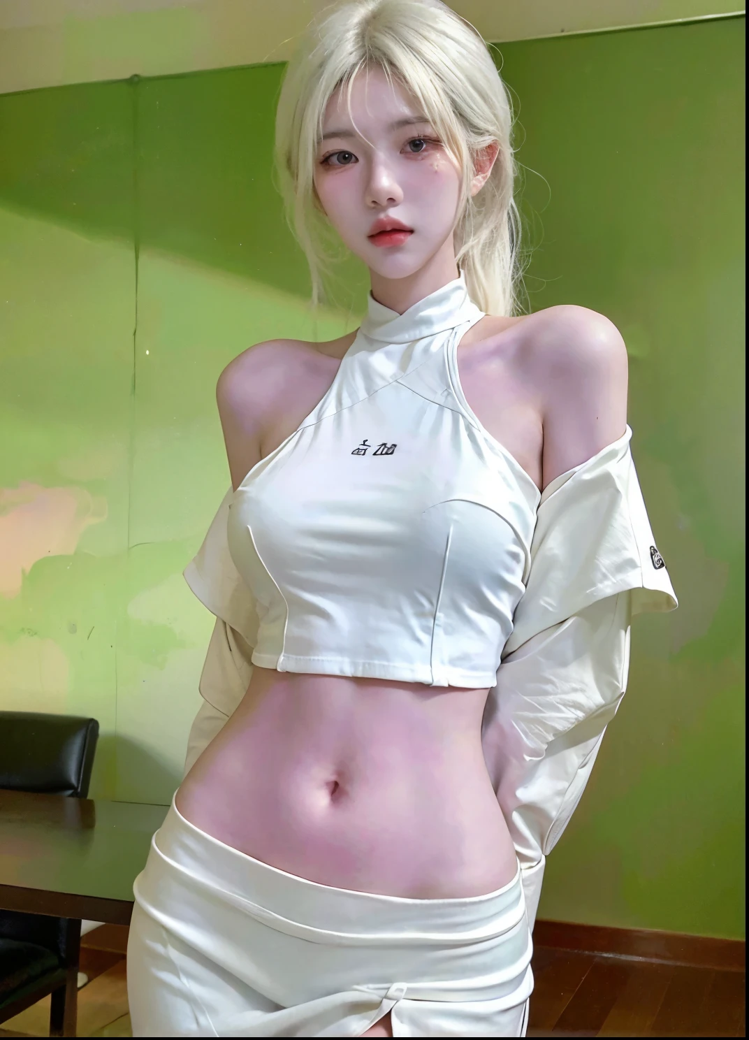 Beautiful woman with perfect figure:1.4，Ultra-high resolution，Classroom Background，（Realism:1.4)，Layered hairstyle，White skin，JK:1.5，Super short pleated skirt，whole body：1.4，Very delicate and skin texture，Double eyelids，Skin Whitening，Long hair，White hair
