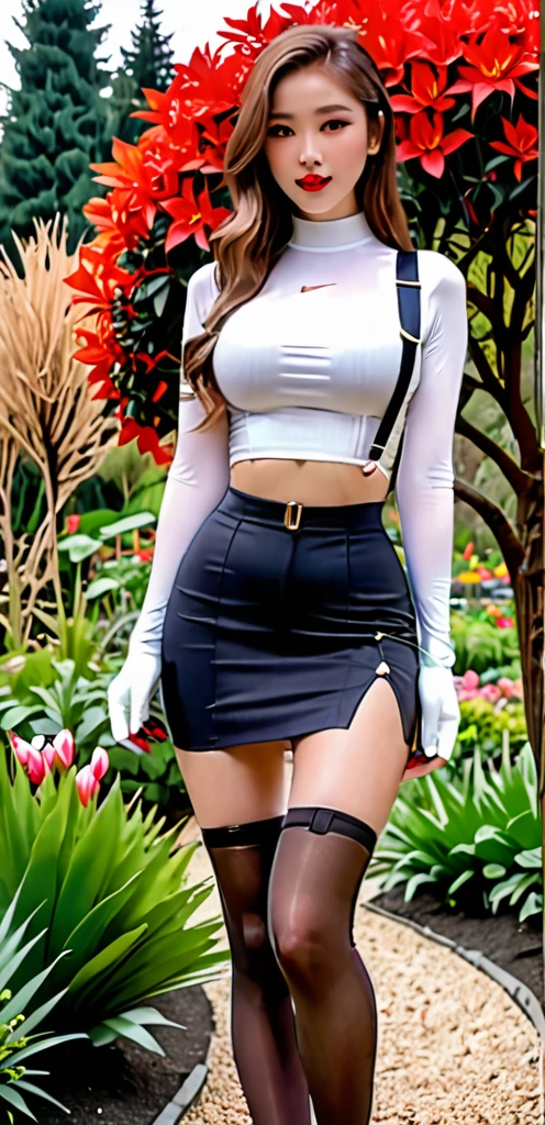 masterpiece, best quality, very aesthetic, absurdres, newest, 1girl, solo,standing_split,pantyhose, hourglass babe, accentuated hips, white crop top, fingerless gloves, suspenders, pencil skirt, white tshirt, sexy look, short skirt, miniskirt, pencil skirt,in a botanical garden