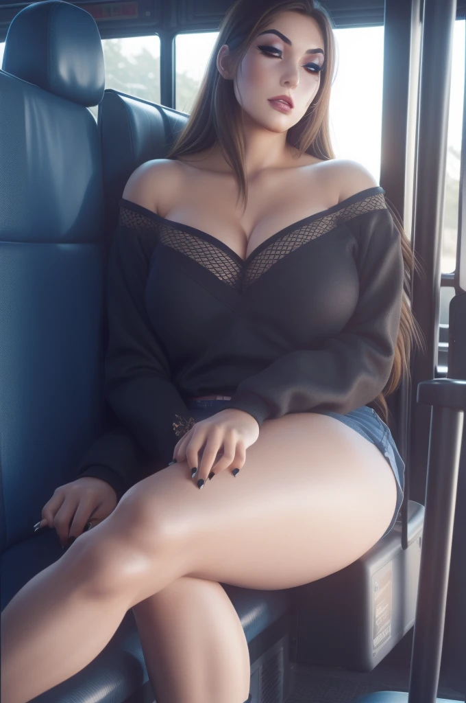 1 beautiful woman, big body, brown hair, eyelids made up, black bodice, jean shorts, sleeping sitting on the bus, black heels, eyes closed, (((VERY INTENSE MAKEUP))), detailed face, detailed body, 