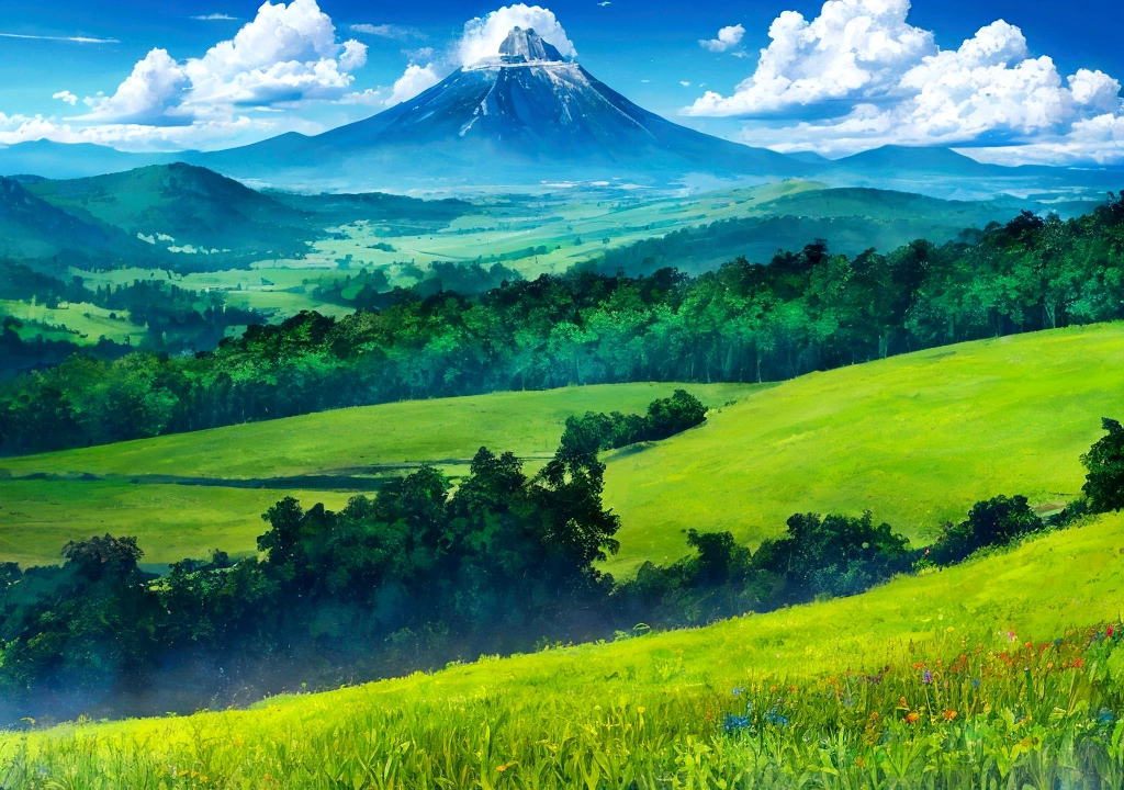A colorful fantasy beautiful day grass sky with towering mountains in the distance,lush forests, An expansive open field below under blue cloudy skies