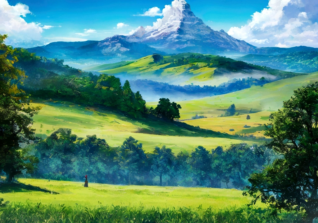 A colorful fantasy beautiful day grass sky with towering mountains in the distance,lush forests, An expansive open field below under blue cloudy skies