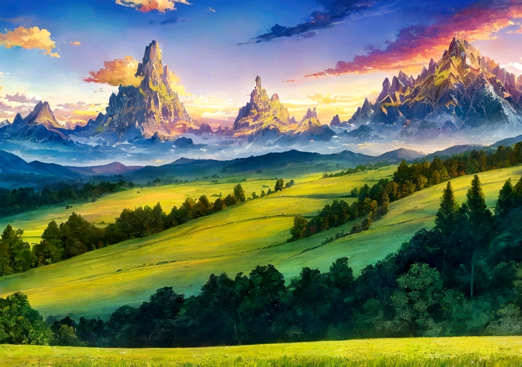 A colorful fantasy beautiful day grass sky with towering mountains in the distance,lush forests, An expansive open field below under blue cloudy skies