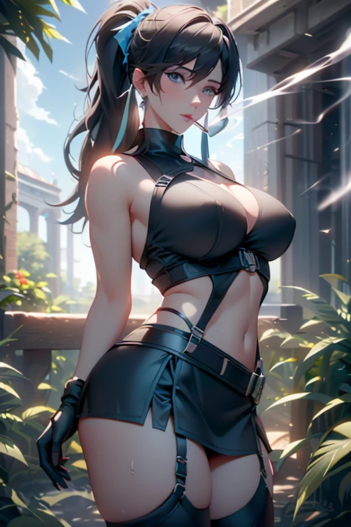 22 years old, (milf:0.8), (solo:1.5), (sfw:1.25), cute breast, beautiful breasts, medium tits,black suspenders,(Bulging ,big breasts:1.1),(Black miniskirt:1.3),garters,Gaze,Small face,bangss,holster,Belt Armament,Beautuful Women, thin waist, big ass:1.0, Raised sexy, (dark green mediumlong hair,side ponytail,hair between eyes,bangs, dark blue eyes, light smile, big , Revimpling fabric, earrings, Hand gloves, detailed face,(smoking:1.3),detailed and beautiful eyes,beautiful detailed lips,Rolling her eyes,manner,(ultra high resolution, 8K RAW photo, photo realistics, thin outline:1.3, clear focus), best qualtiy, natural lighting, textile shading, field depth (Bright pupils, fine detailed beautiful eyes with highlight:1.3, high detailed face), Red lip, fine realistic skins:1.1, looking down viewers:1.3, (dynamic angle:1.3, front view:1.1, breast focus:1.3, from below:1.2), (dynamic posing:1.5, sexy posing:1.2, leaning forward),Youghal, side lock, hair ornaments, hair band,nice,garden background,artistic rendering,Super detailed,(highest quality,4k,8K,High resolution,masterpiece:1.2),Bright colors,studio lighting ,in usa military base,