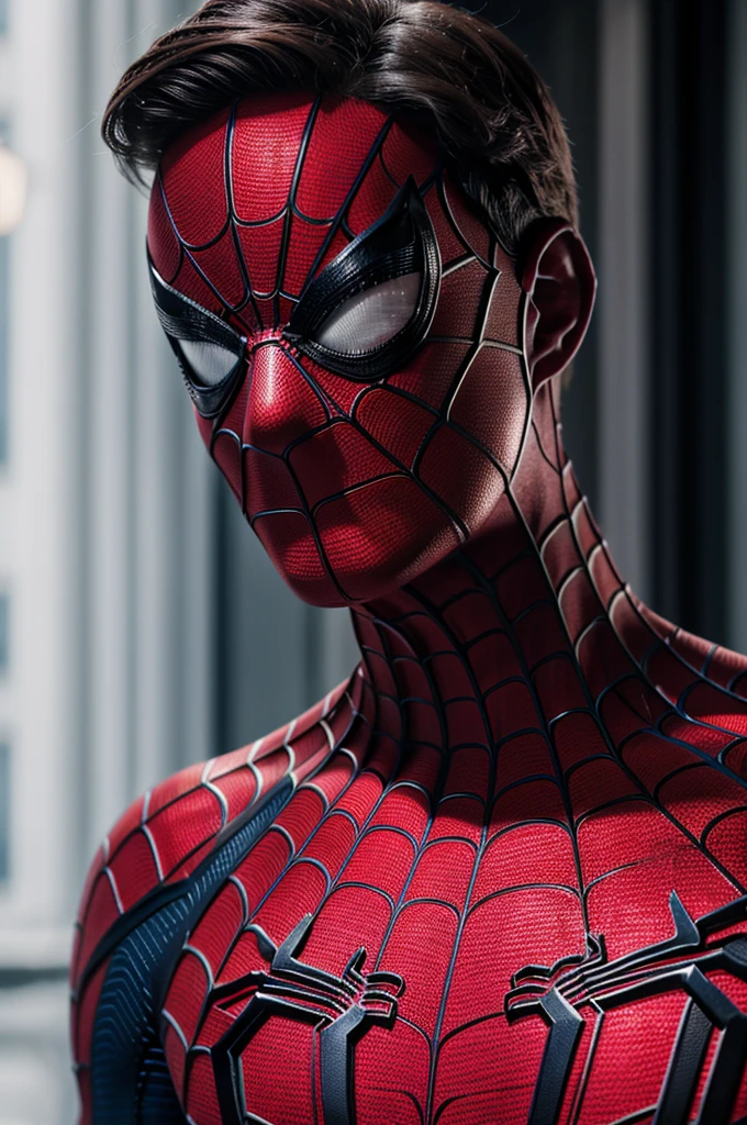 A photograph of Spider-Man., sin mascara, the 20s, elegant, detailed face, looking to the camera, portrait, 8k hd, high quality