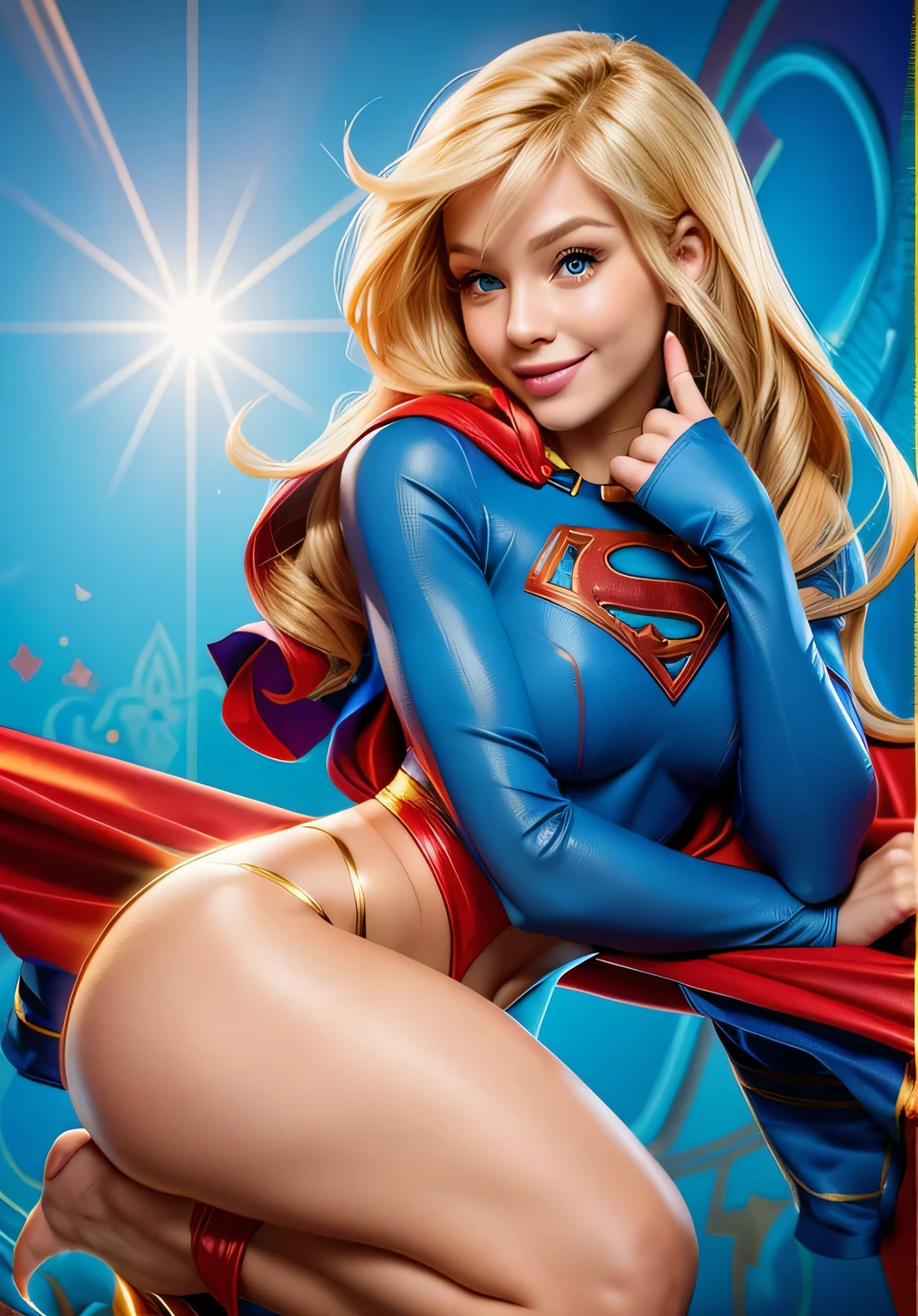 Supergirl, perfect and traditional costume, bright blue yes, red cape, blond hair, smooth curves, extremely beautiful e realistic anatomy, beautiful smile