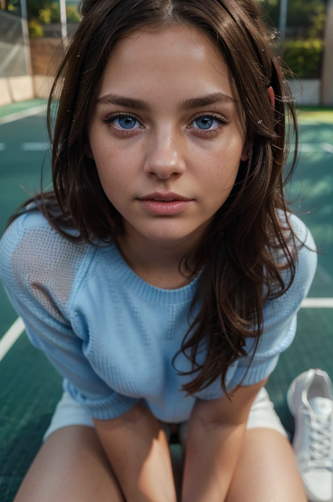 a naked brunette girl, blue eyes, girl in a sweater and sneakers on a tennis court, beautiful detailed eyes, beautiful detailed lips, extremely detailed eyes and face, long eyelashes, hyper realistic, cinematic lighting, 8k, photorealistic, studio lighting, bokeh, sharp focus, physically-based rendering, masterpiece, ultra-detailed, vibrant colors, natural lighting