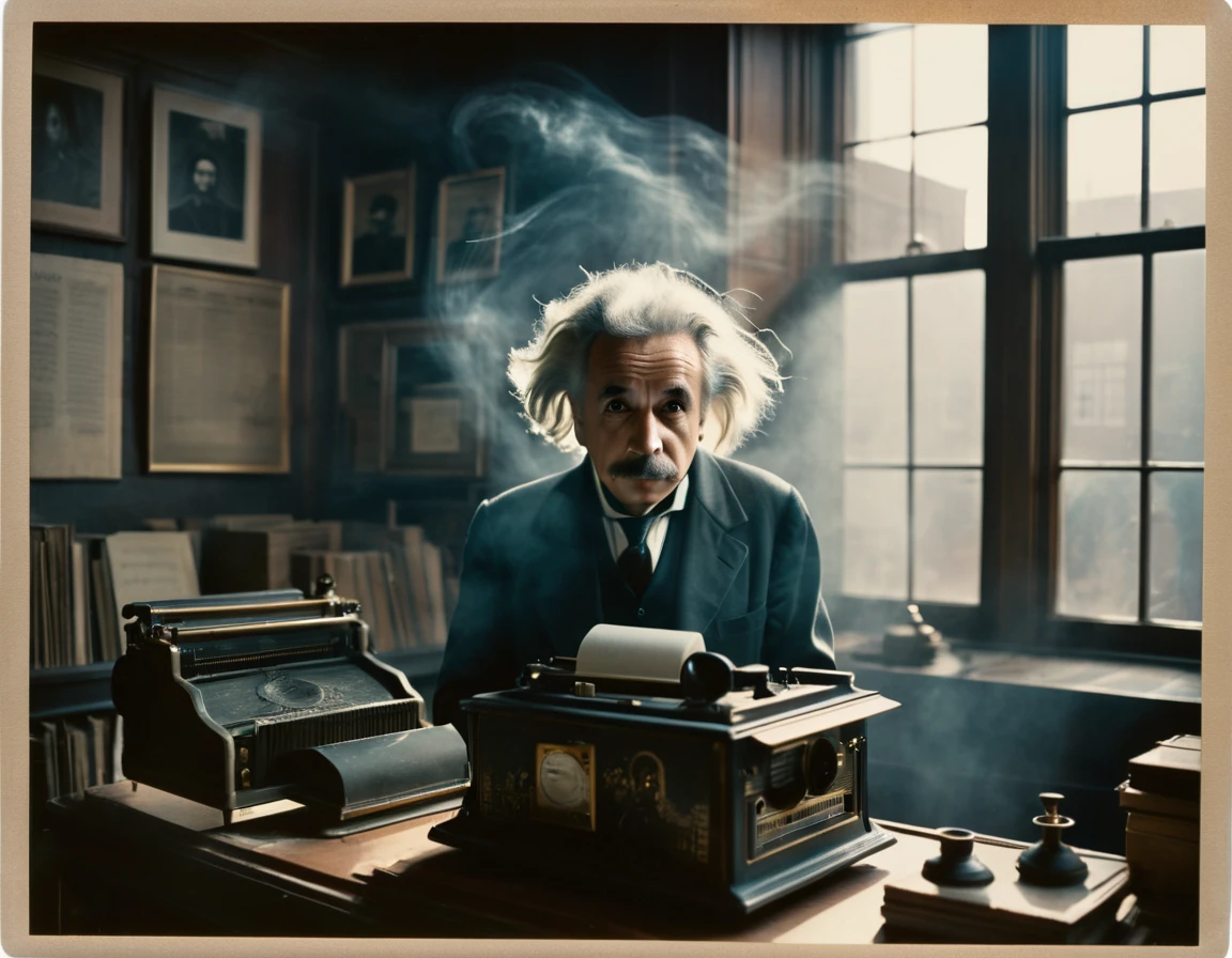 scientist Albert Einstein looking to the side with great anger, a rare moment of intense anger asking for silence with a finger in his mouth,, mysterious, against the backdrop of a dimly lit large hall with imposing and foreboding windows shrouded in fog, casting a mysterious and mystical environment, as if the shadows themselves were about to reveal a sinister secret, with a warm, muted color palette of burnt oranges, faded golds and dusty blues, evoking a sense of aged and forgotten knowledge, surrounded by scattered tomes and dusty and ancient scientific instruments, bathed in a warm, soft glow. vintage retrocore, daguerrotype,, photo, cinematic