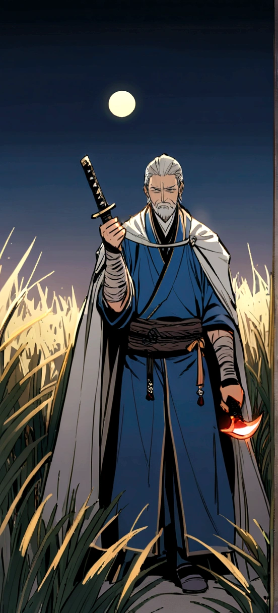Isshin, The Sword Saint is a legendary warrior and founder of the Ashina clan.. He is an old man with white hair and beard, Wearing a blue kimono with black patterns and a white cape.. He is holding a katana and a spear. He also had a gun hidden up his sleeve..

He is waiting for Sekiro in the tall grass field where he first fought Kenichiro Ashina, his grandson. The field is covered with blood and corpses of soldiers who died in battle. The sky is dark and stormy, and lightning flashes occasionally. Isshin emerges from Genichiro’s body after he sacrifices himself to revive him using the Black Mortal Blade. He respects Sekiro as a worthy opponent and challenges him to a final duel for Ashina&#39;s fate..
moon, dark theme, light, fancy,