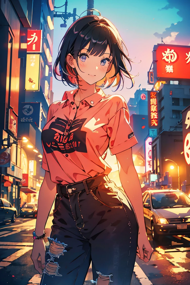 (Raw photo:1.2), (Photorealistic), Beautiful detailed girl, Very detailed eyes and face, Beautiful detailed eyes, Huge file size, High resolution, Very detailed, Best Quality, [masterpiece:1.6], Illustration, Very detailed, Fine detail, Best Quality, 32K Wallpaper, perfect Lighting, Masterpiece, animerealistic, Top quality, Ultra high definition, Maximum resolution, Very detailed, Professional lighting, kabedon pov, looking at viewer, smug, girl is so high, girl is feeling fine, 1girl, girl in big city, neon city, standing on the street, purple neon city, psychedelic colors, black short hair, bob cut, red shirt, black pants, slander girl, glowing eyes, very happy, psychedelic neon city, girl on drugs, light neon psychedelic blooms,
