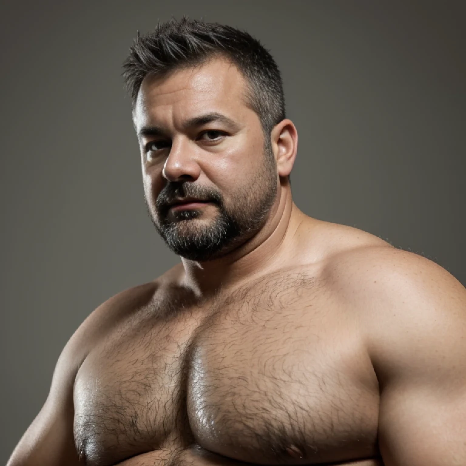 a wild fat uncle, 45 years old, 1man, solo,  big face, round face shape, detailed eyes, small eyes, face focus, bulky, plump, very dark chest hair, facial hair, gray hair, short beard,  crew cut hair, nerdy, (topless :1.2), flat white background, (both hands in pockets :1.3), 
highest quality ,best quality, 8k, masterpiece,  extreme face close up,