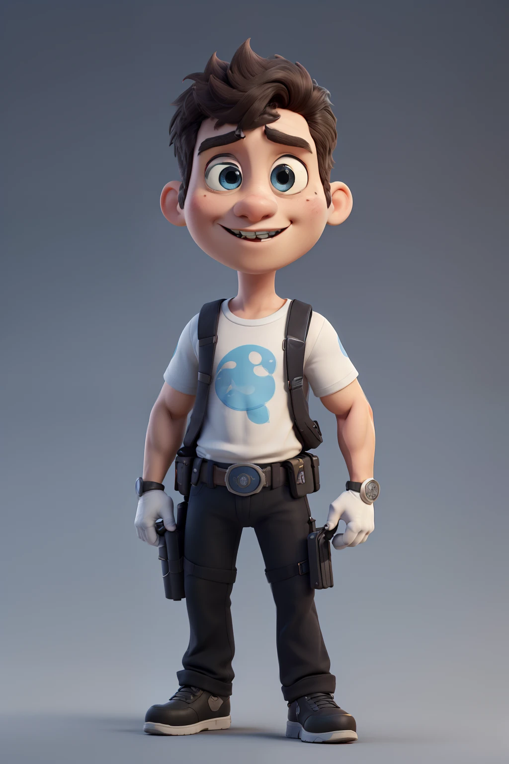 3d character, a very tall boy wearing a black commando suit, body builder, very short black hair, blue colored eyes, beautiful big circular reflective eyes, big white gloves, white combat boots, white ammunition belt, black skull-print T-shirt, skull logo on chest, holding a Colt 45 pistol, (film composition), (Pixar-style:1.2), (CGI animation: 1.2), (Disney: 1.2), (animated cartoon: 0.2), (best qualityer, work of art, 4K, ultra detaild, sharp focus, 8K, High definition:1.2), (cf. Danny Mac 3D, por Follygon), (work of art: 1.2), absurderes
