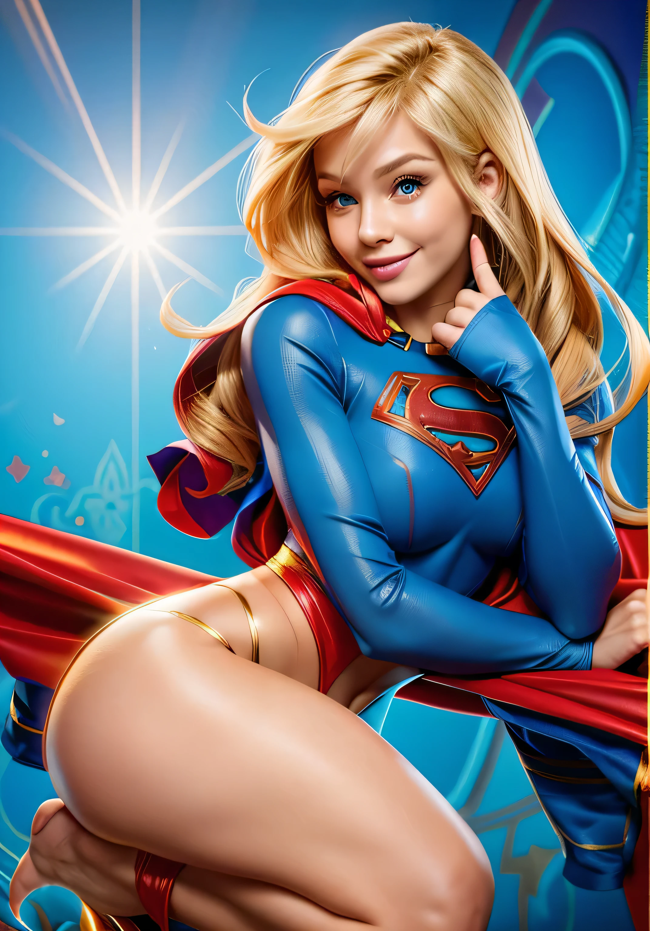Supergirl, perfect and traditional costume, bright blue yes, red cape, blond hair, smooth curves, extremely beautiful e realistic anatomy, beautiful smile