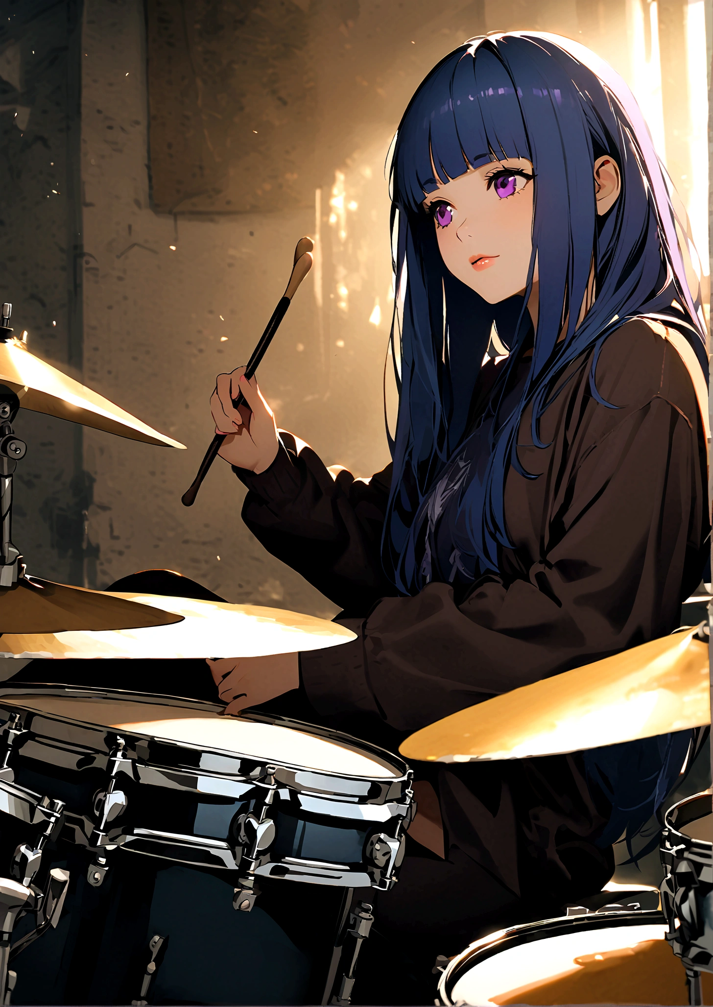 One Girl, alone, Full author, cute, Blue Hair, Purple eyes, Long Hair, blunt bangs, bangs, Long sleeve, Sitting, lips, Ground vehicles, musical instrument, drum, drumsticks, drum set