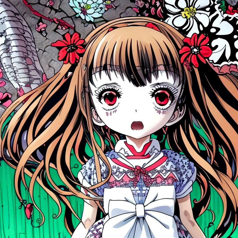 close-up, surreal, a shintaro kago, a school girl, horror anime, horror manga, Surrealism etc