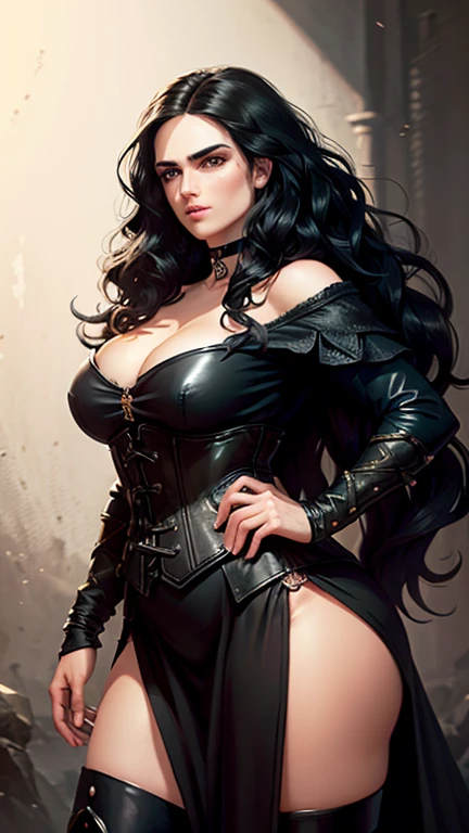(Katie McGrath face), realistic face, Generate an illustration of a young (Yennefer of Vengerberg), of Witcher 3, correct head to body proportion, hair combed to sides, layered haircut, de terno preto, black long hair flows to her back, hair flows straight down, black hair, Ultrarealistic Bright Violet eyes, both eyes are similar, (big round poking breasts), low-cut deep cleavage, Ultrarealistic juicy round butt, Ultrarealistic detailed hips, thick thighs, black Corset outfit in anime format with a serious style, ((black strapless dress)), Ruby black velvet choker, grey tights, black boots, gothic make up, masterpiece, ((dark lighting)), black background, puffy lips,slendered toned abs, beautiful face, grin on face