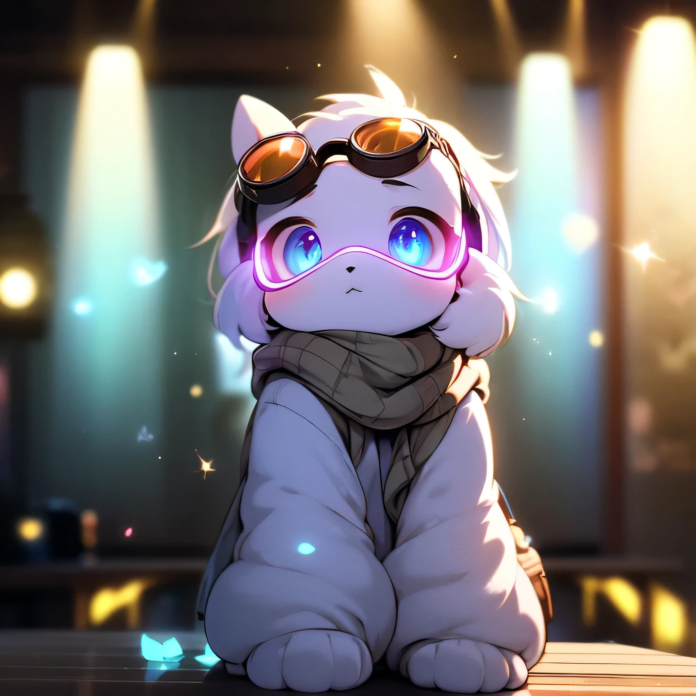 A little glow worm, large glowing goggles, large fur scarf, four arms, short and stout, bug-like face, mandibles, chibi bug person, 1 character, ultra-detailed, 8k, highres, photorealistic, masterpiece, vibrant colors, cinematic lighting, concept art