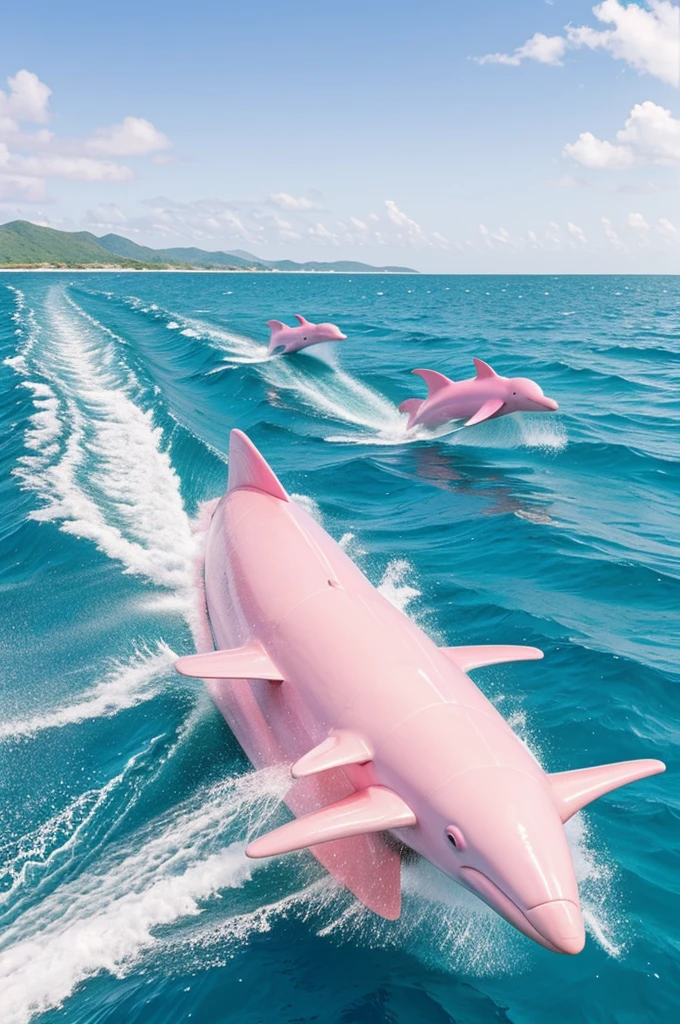 Draw me a picture of three pink dolphins in the ocean riding a speedboat Photo realistic