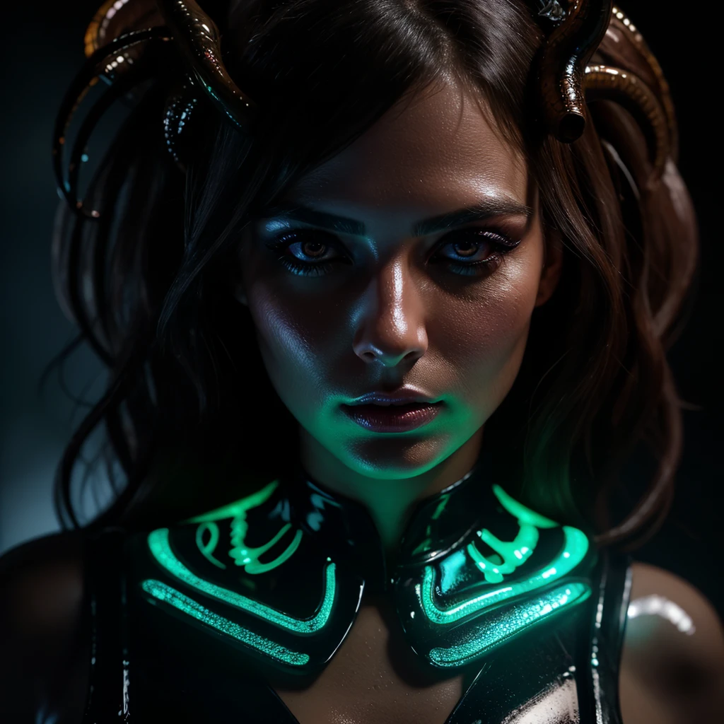 1girl, bioluminescent horns, latex bodysuit, massive breasts, sensual pose, outdoor, rain, (best quality,4k,8k,highres,masterpiece:1.2),ultra-detailed,(realistic,photorealistic,photo-realistic:1.37),cinematic lighting,dramatic colors,moody atmosphere,highly detailed facial features,beautiful detailed eyes,beautiful detailed lips,extremely detailed eyes and face,long eyelashes,hyper detailed skin,intricate details,chiaroscuro lighting,vivid colors,dramatic shadows,natural lighting,glowing bioluminescence,glossy latex,incredible realism