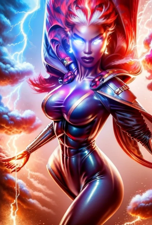 ragingstorm Storm brown eyes, superhero, ((red bodysuit)), (huge breasts:1.3, fakebreasts), best quality, hyper-detailed, intricate, extremely detailed, masterpiece, RAW, 8k UHD, extremely detailed face:1.3, detailed eyes:1.3, detailed body:1.3, (lightning, storm),
