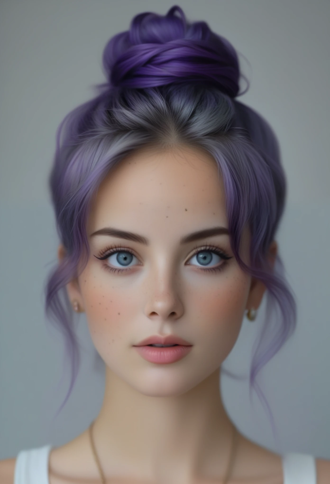 cinematic, still, bellissima 1girl, solo, looking at viewer, blue eyes, simple background, jewelry, upper body, purple hair, parted lips, grey background, necklace, hair bun, lips, eyelashes, messy hair, portrait, freckles, realistic, nose, nose . emotional, harmonious, vignette, 4k epic detailed, shot on kodak, 35mm photo, sharp focus, high budget, cinemascope, moody, epic, gorgeous, film grain, grainy, (masterpiece), (best quality), (ultra-detailed)