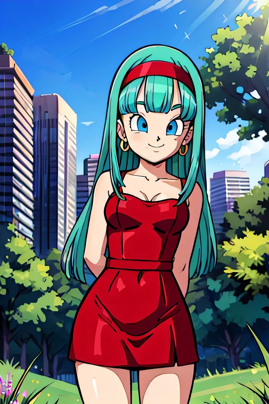 (masterpiece:1.2),( high quality:1.1),
bulla, long hair, straight hair,bangs,  aqua hair, blue eyes, mascara, red hairband, earrings, black bodycon dress, sleeveless, city park, trees, grass, sunshine, seductive smile, background,(looking at viewer, standing from below:1.1),, medium breast, cleavage 