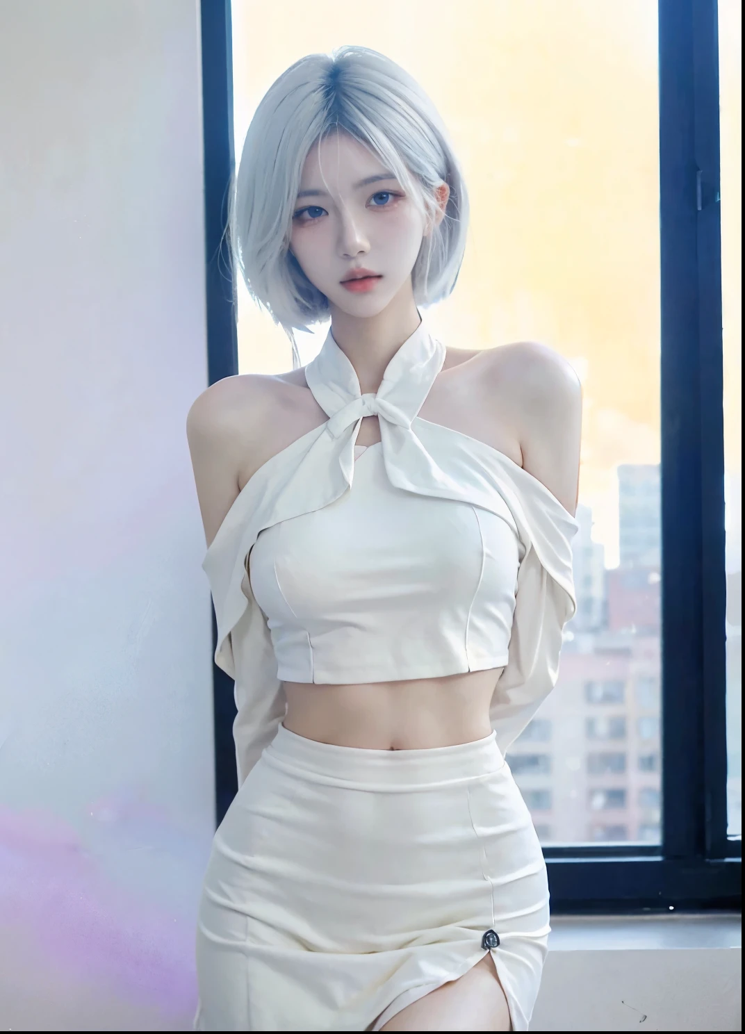 Beautiful woman with perfect figure:1.4,Ultra-high resolution,White background,(Realism:1.4),Layered hairstyle,White skin,JK:1.5,Super short pleated skirt,whole body:1.4,Very delicate and skin texture,Double eyelids,Skin Whitening,Long hair,White hair