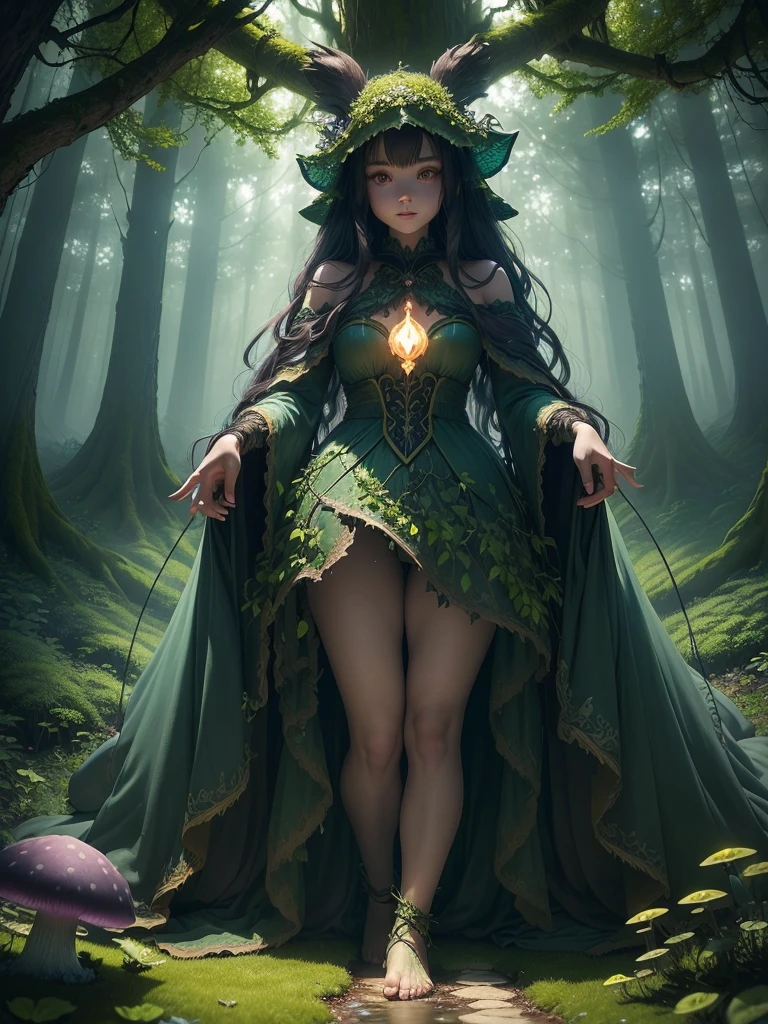((best quality)), ((masterpiece)), (detailed), (Mystical forest:1.4), ((Enchanted grove with towering ancient trees)and(Glowing mushrooms carpet the forest floor) and (Trickling streams weave through the foliage)), ethereal, mesmerizing and captivating, moonlit night background, softly illuminated fireflies dancing in the air, (dense foliage with hanging vines:1.3)
Fantasy, magic /= (Mysterious creature lurking in the shadows:1.5), (solitary), (Wide angle lens), (front), glowing eyes, (partial body), (claws extended), (shrouded in darkness), the creature facing camera, Eerie Aura, magician Girl with long hair, beautiful costume fantasy