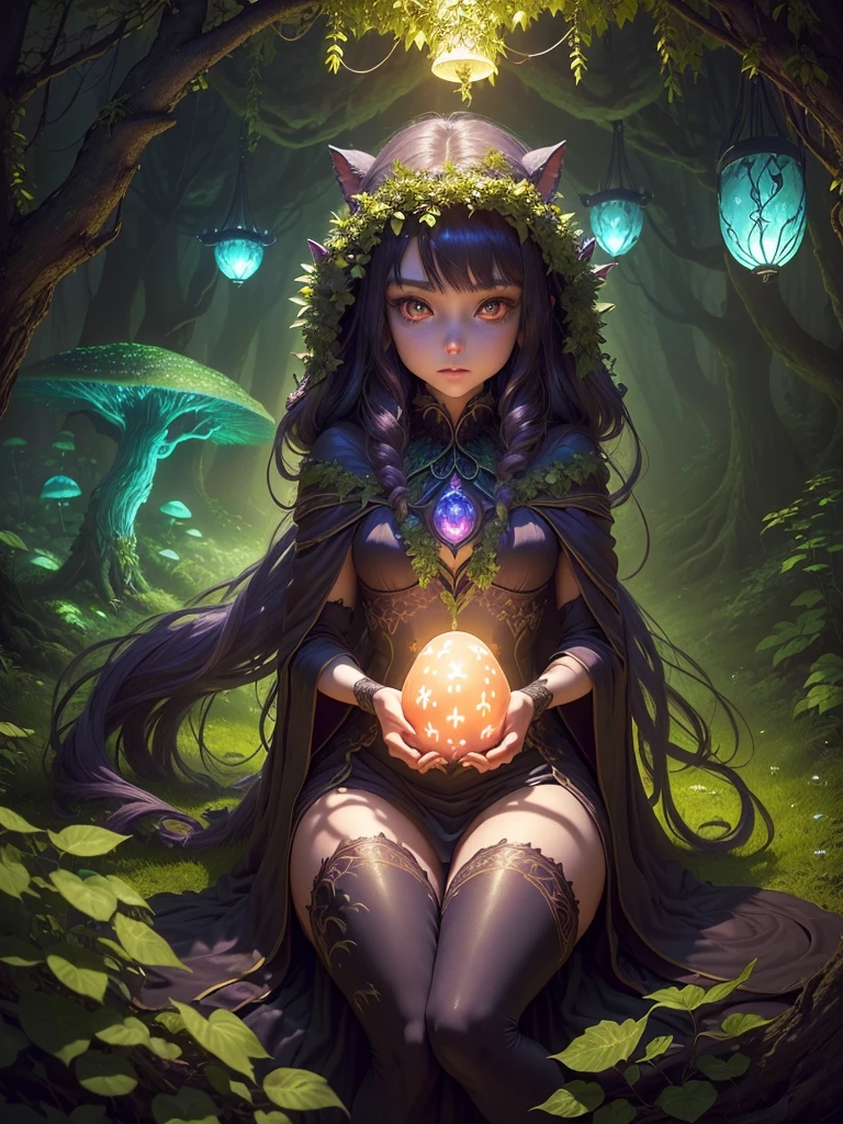 ((best quality)), ((masterpiece)), (detailed), (Mystical forest:1.4), ((Enchanted grove with towering ancient trees)and(Glowing mushrooms carpet the forest floor) and (Trickling streams weave through the foliage)), ethereal, mesmerizing and captivating, moonlit night background, softly illuminated fireflies dancing in the air, (dense foliage with hanging vines:1.3)
Fantasy, magic /= (Mysterious creature lurking in the shadows:1.5), (solitary), (Wide angle lens), (front), glowing eyes, (partial body), (claws extended), (shrouded in darkness), the creature facing camera, Eerie Aura, magician Girl with long hair, beautiful costume fantasy