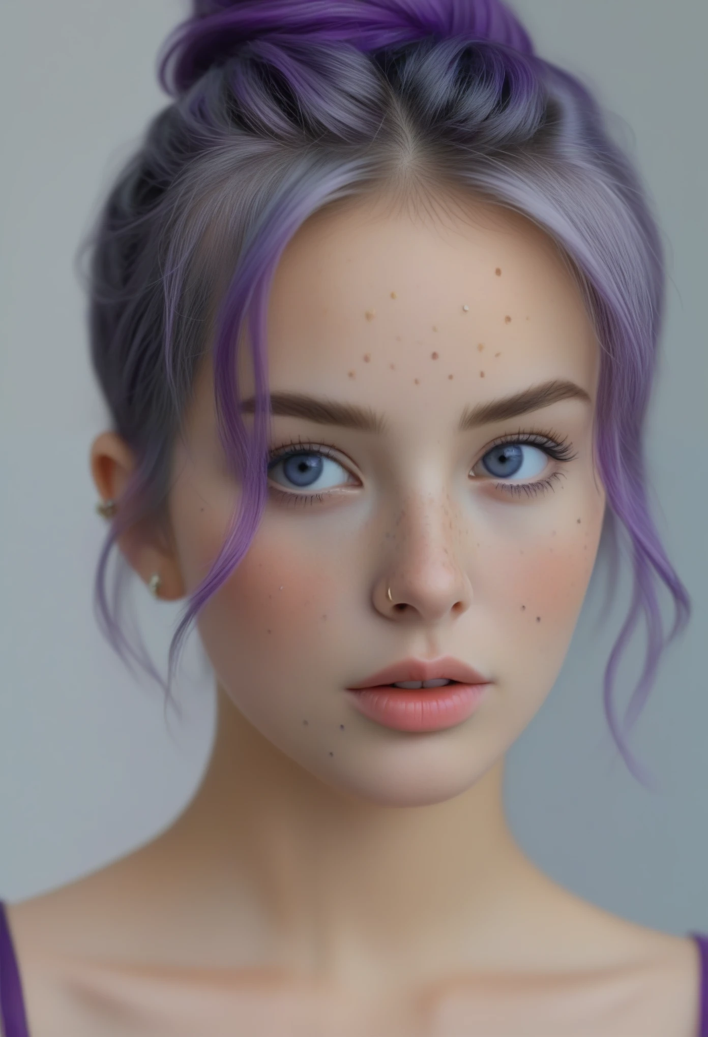 cinematic, still, bellissima 1girl, solo, looking at viewer, blue eyes, simple background, jewelry, upper body, purple hair, parted lips, grey background, necklace, hair bun, lips, eyelashes, messy hair, portrait, freckles, realistic, nose, nose . emotional, harmonious, vignette, 4k epic detailed, shot on kodak, 35mm photo, sharp focus, high budget, cinemascope, moody, epic, gorgeous, film grain, grainy, (masterpiece), (best quality), (ultra-detailed)