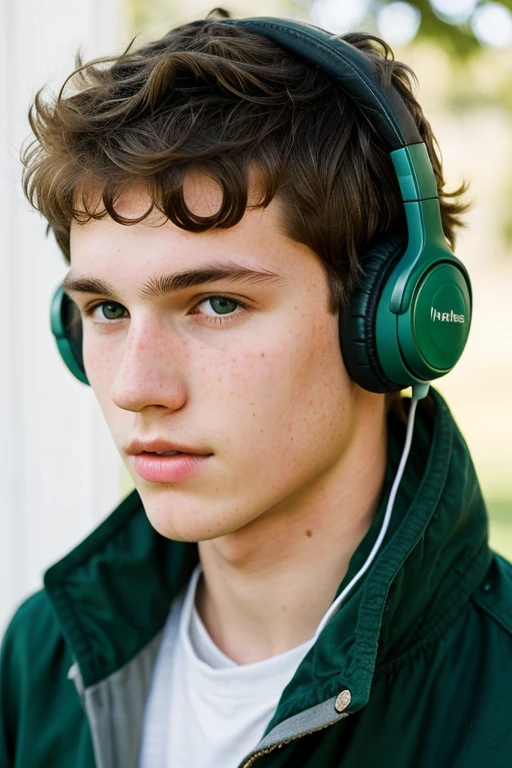 A 16 year old white boy with a sharp jaw and some freckles with slightly short hair..., Slightly messy wavy hair and green eyes.... Height of 1.85 with an old money style, a daring look, with headphones